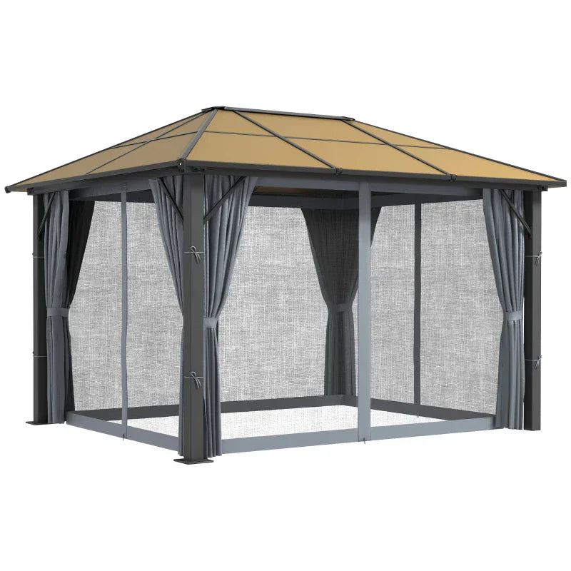 3m x 3.6m Aluminium Hardtop Gazebo - Polycarbonate Roof Garden Shelter with Privacy Curtains