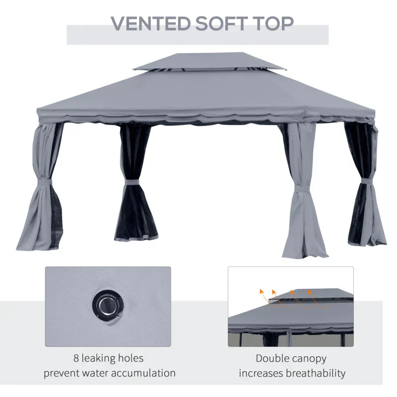 3.9m x 2.9m Dark Grey Aluminium Garden Pavilion – Double Roof Gazebo Canopy with Privacy Curtains, Insect Mesh Netting & Party Shelter Tent