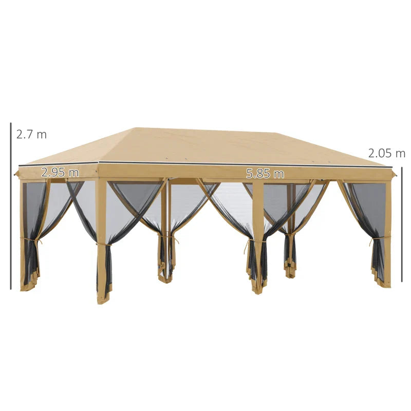 Beige 6m x 3m Pop Up Gazebo Marquee – Portable Garden Event Shelter with Mesh Curtain