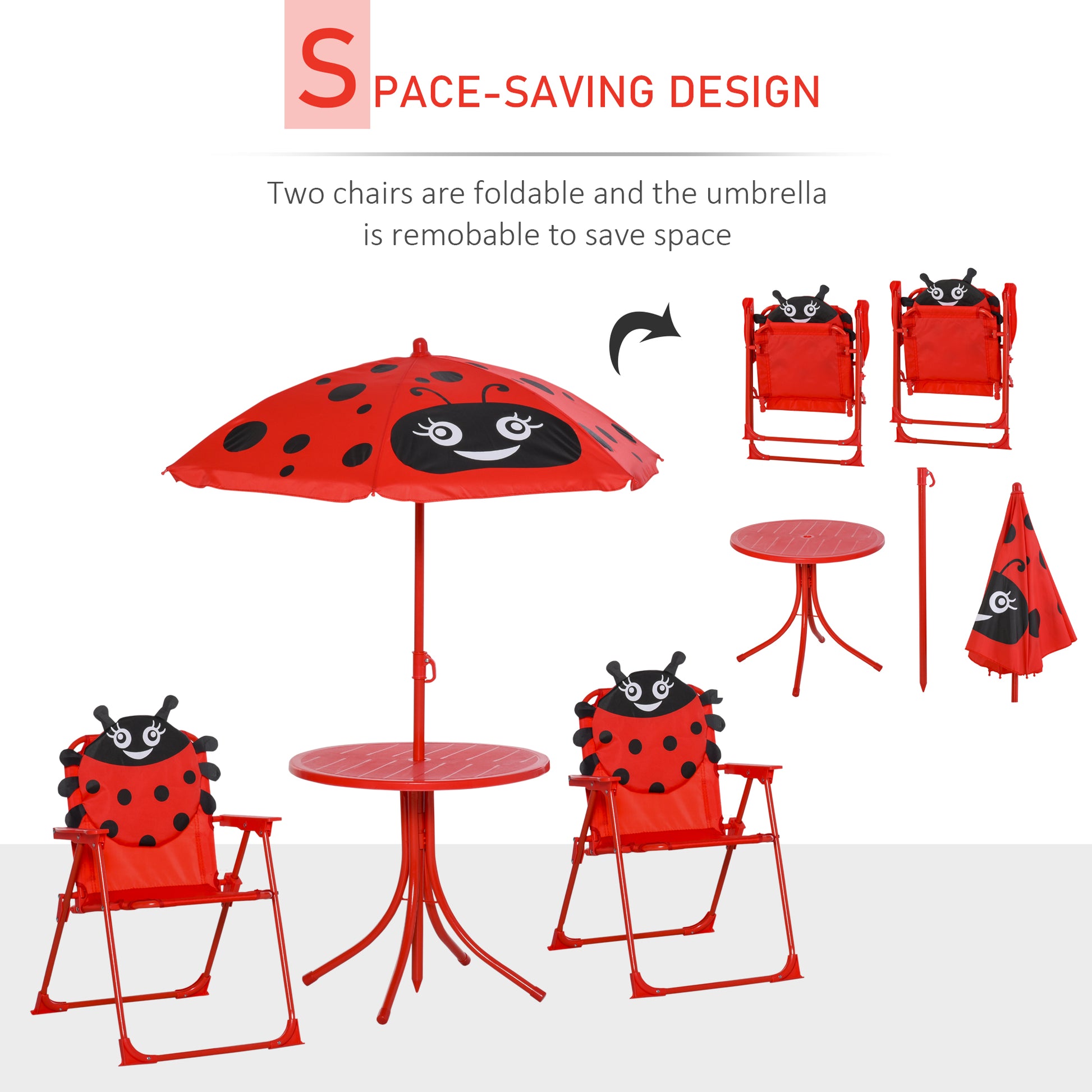 Outsunny Kids Folding Picnic Table Chair Set w/ Parasol, Red