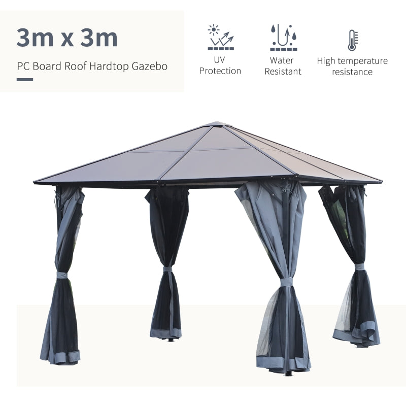 4m x 3m Aluminium Garden Gazebo with Polycarbonate Hard Roof, Privacy Curtains & Mesh Sidewalls