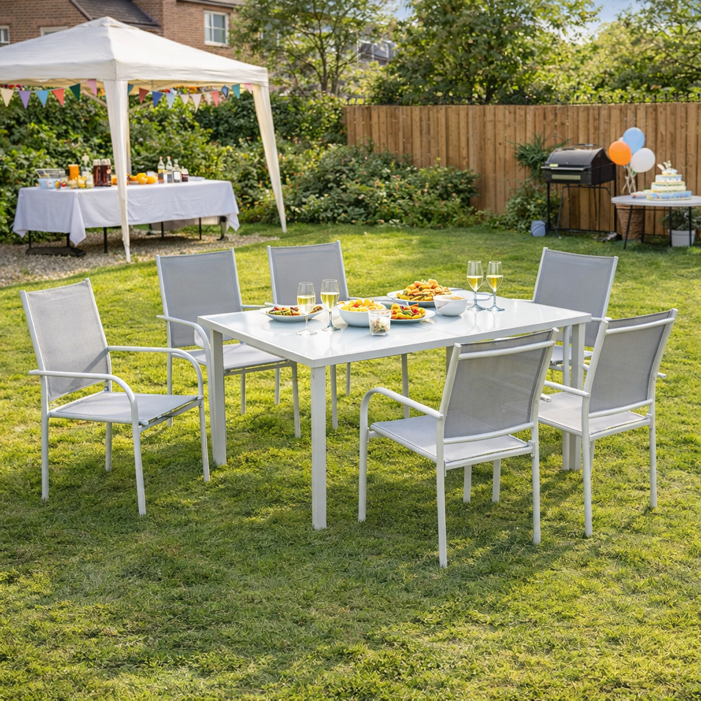 Portofino 7 Piece Garden Dining Set, Garden Table and 6 Stackable Chairs, Steel Frame, Tempered Glass Top Table