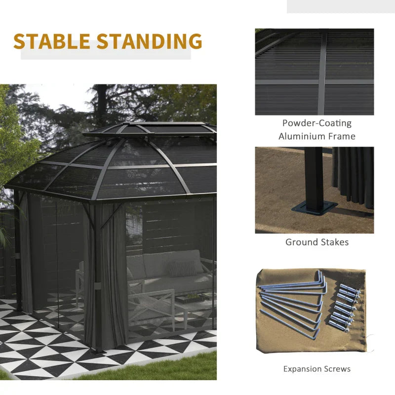 4m x 3m Aluminium Hardtop Gazebo with Polycarbonate Roof, Privacy Curtains & Mesh Sidewalls – Black & Grey