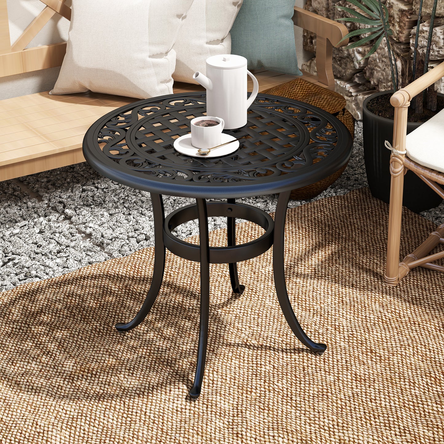 Outsunny Outdoor Garden Table, Cast Aluminium Patio End Table with Anti-slip Foot Pads for Garden, Patio, Balcony, 60 x 60 cm, Black