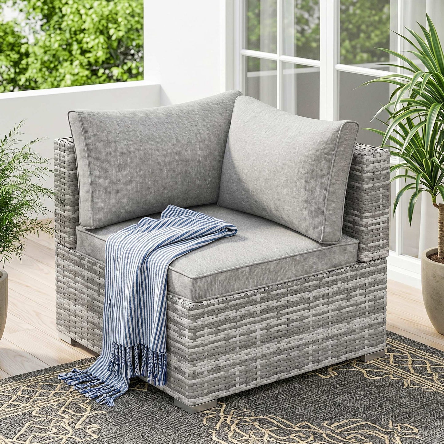 Marbella Outdoor PE Rattan Corner Sofa, Garden Wicker Furniture Single Sofa Chair w/ Cushions, Light Grey