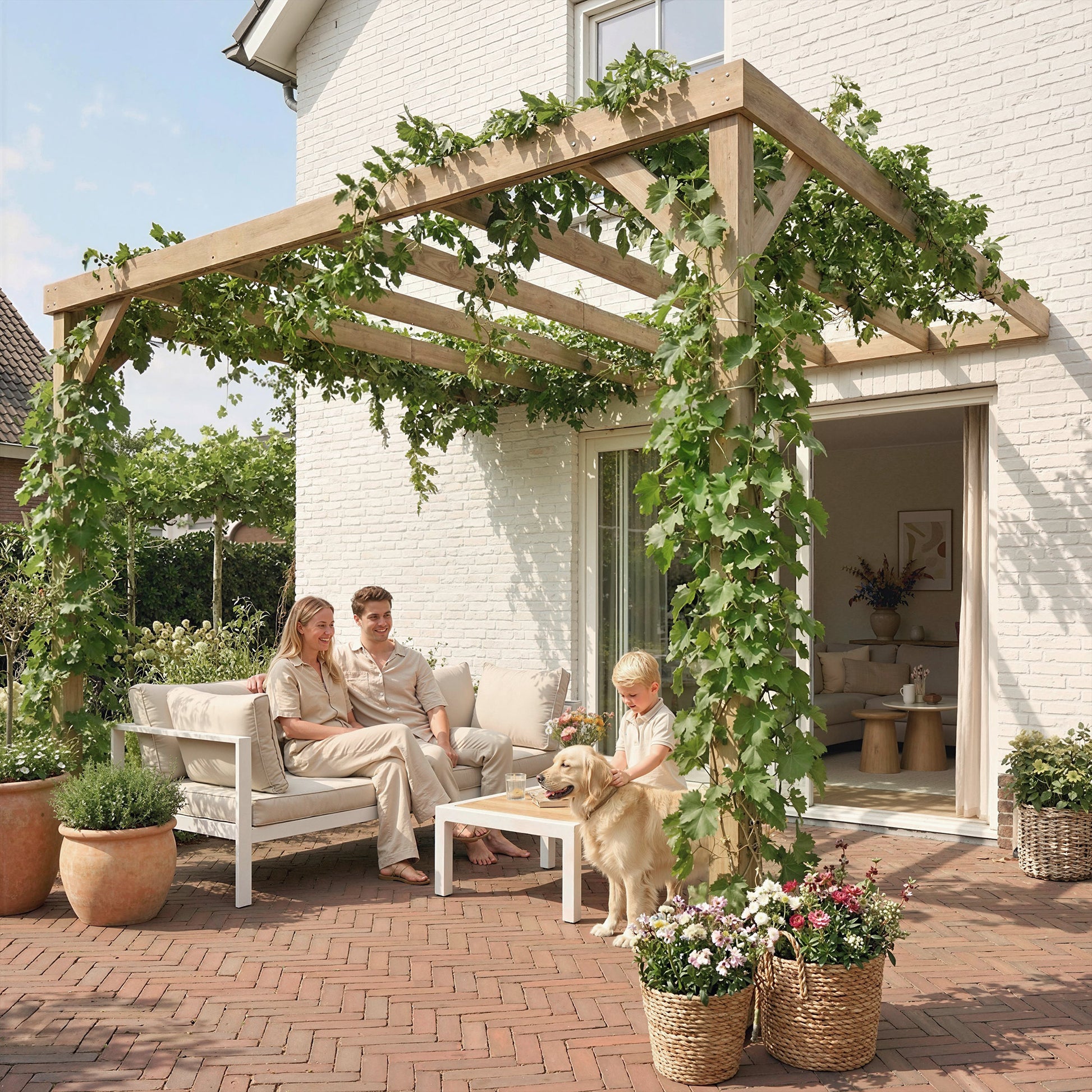Lean-To Wooden Pergola Kit, Decorative Garden Gazebo with Stable Structure and Concrete Anchors, 3 x 3 m