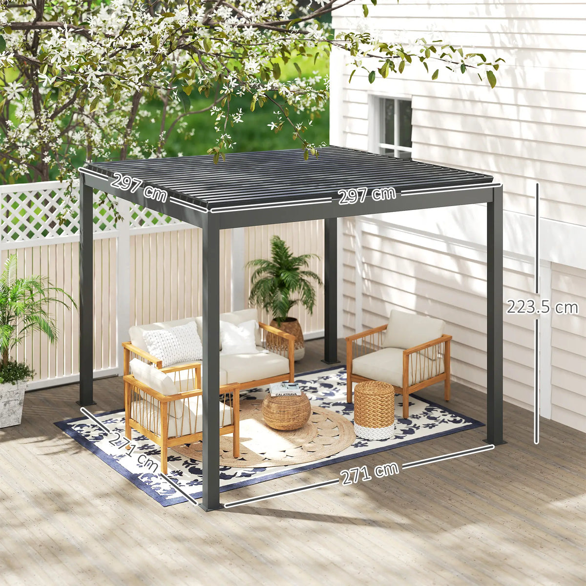 3m x 3m Dark Grey Motorised Aluminium Pergola with Remote – Controlled Louvered Roof, LED Lighting & Integrated Rainwater Drainage System