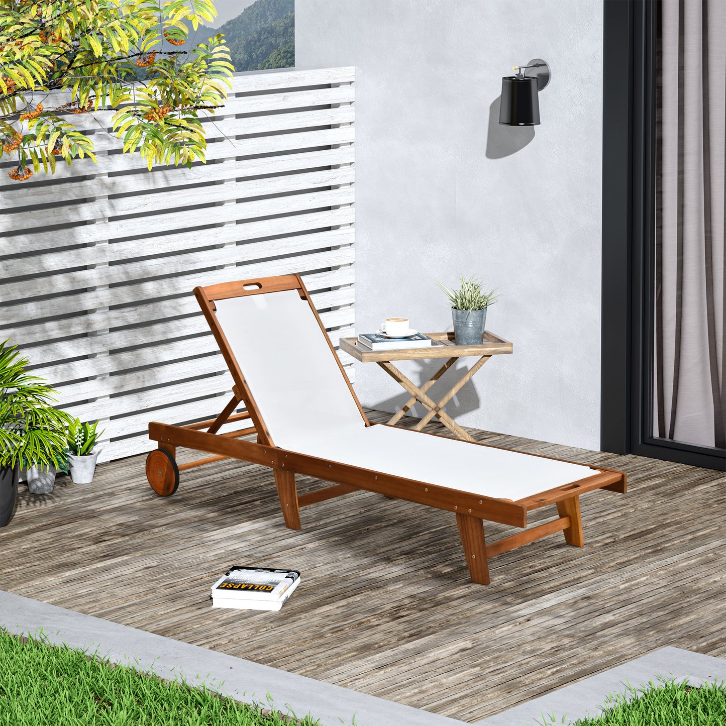 Riviera Outdoor Acacia Wood Texteline Beach Sun Lounger Garden Patio Sunbed Recliner Chaise Adjustable Backrest