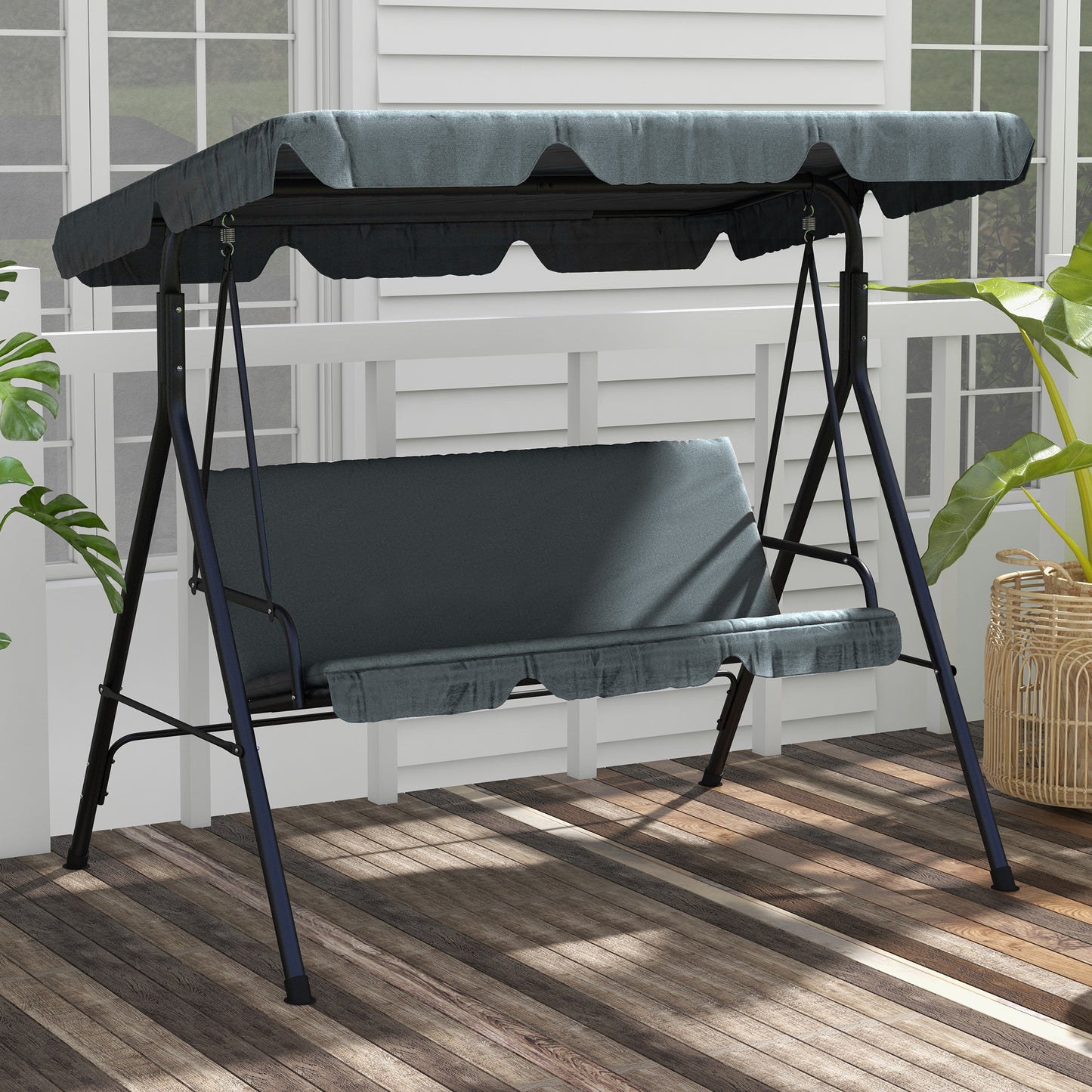 Marbella 3 Seater Garden Swing Chair, Outdoor Swing Chair with Adjustable Canopy, Mental Frame & Cushions, Grey