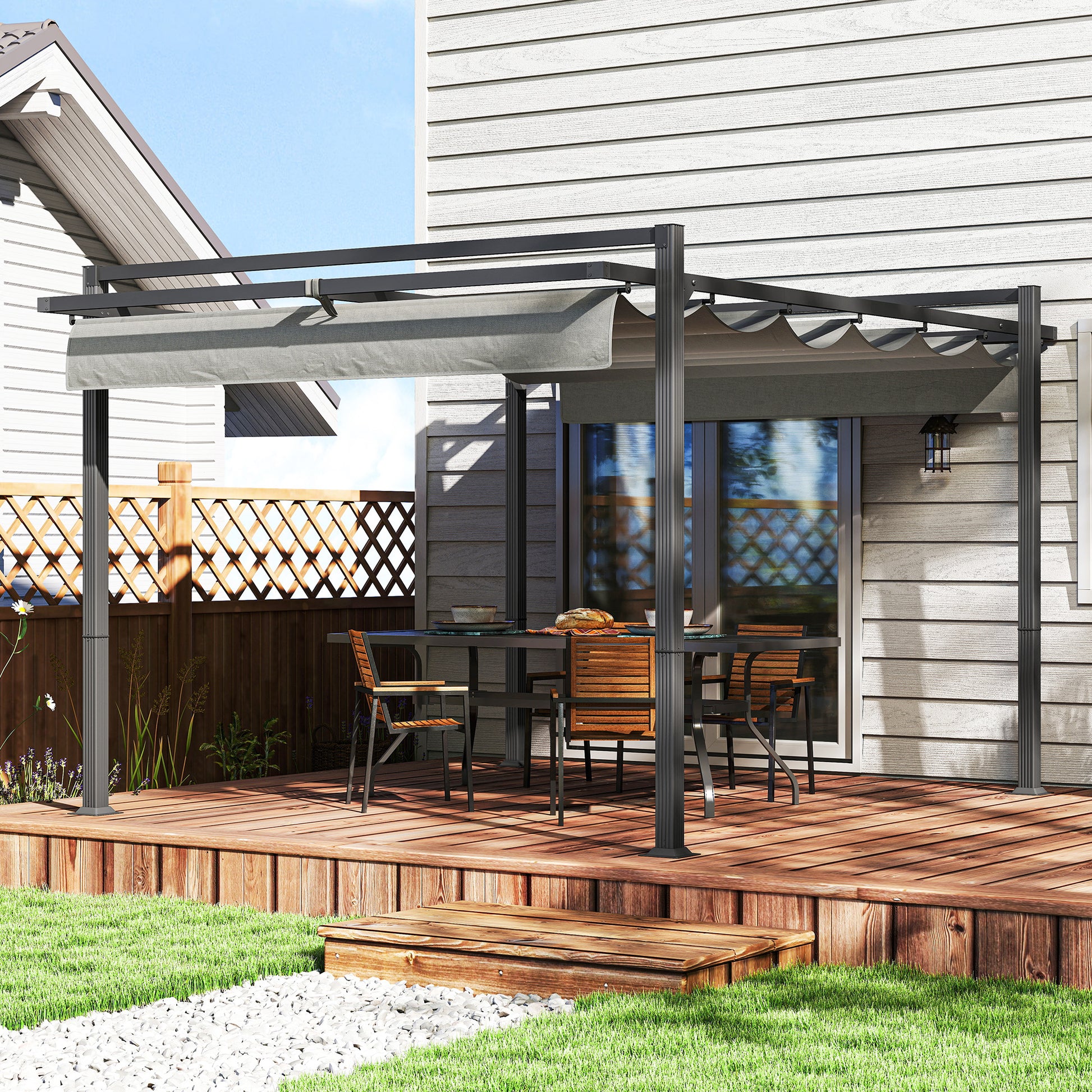 3 x 4m Retractable Pergola, Garden Gazebo Shelter with Aluminium Frame, for Grill, Patio, Deck, Dark Grey