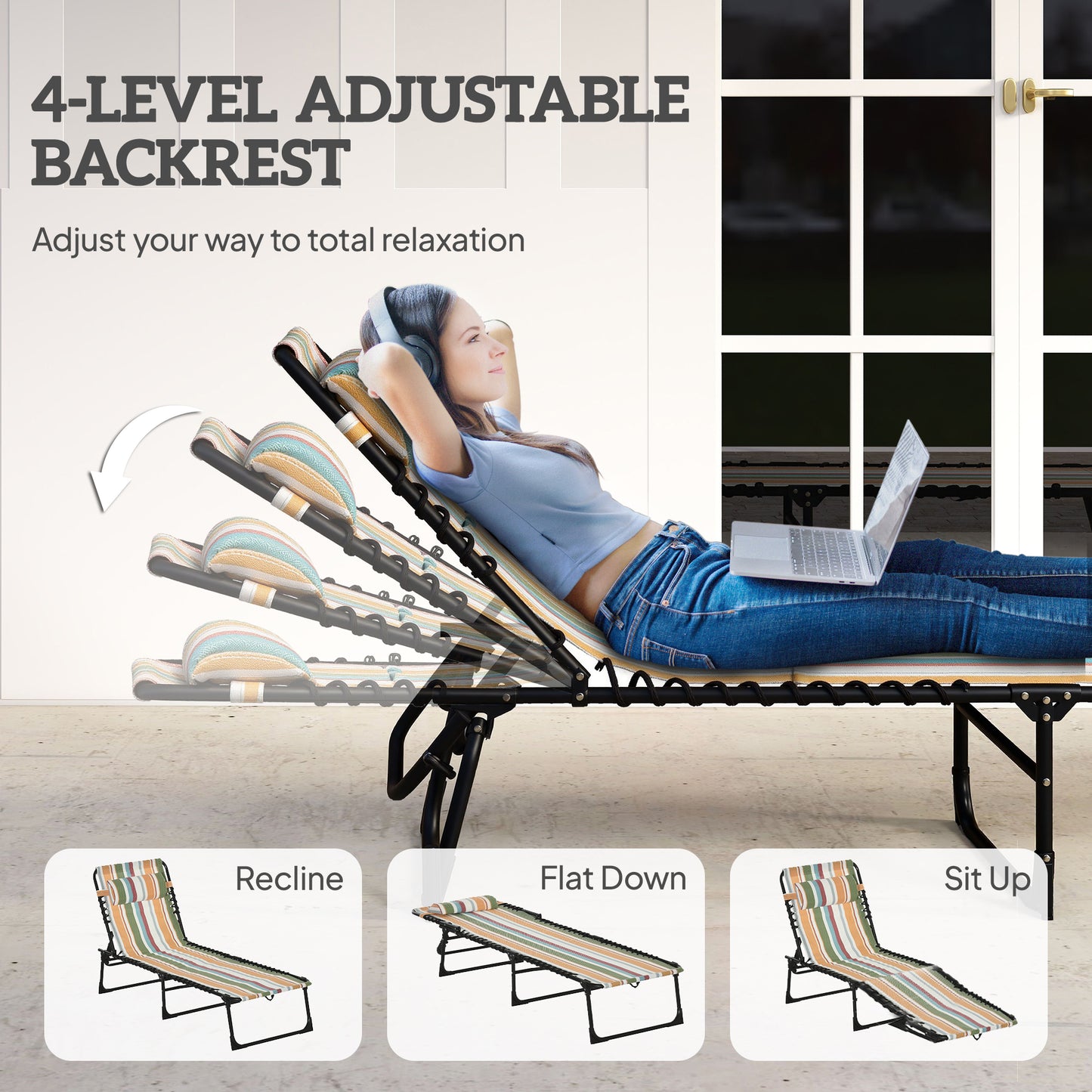 Outsunny Folding Sun Lounger Beach Chaise Chair Garden Reclining Cot Camping Recliner with 4 Position Adjustable Multicolored