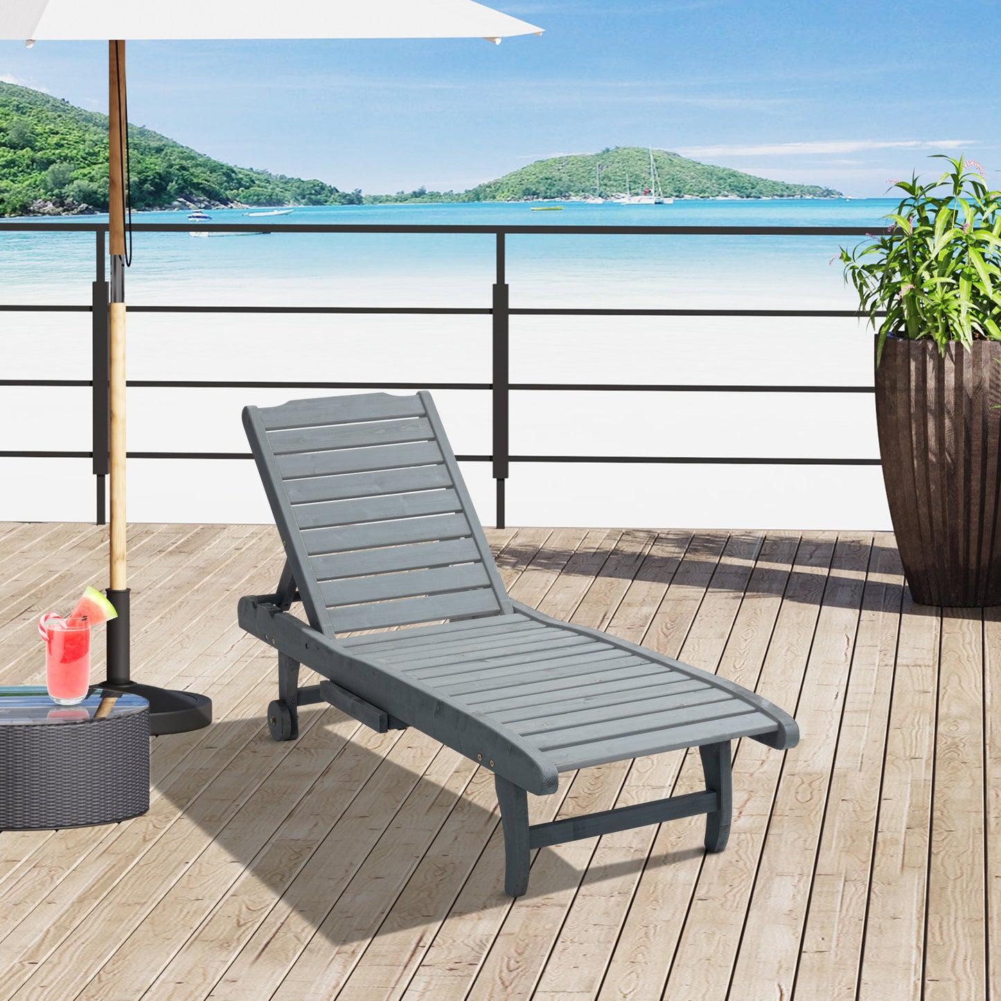 Amalfi Garden Patio Sun Lounger, Outdoor Wooden Sun Bed with Built-In Table
