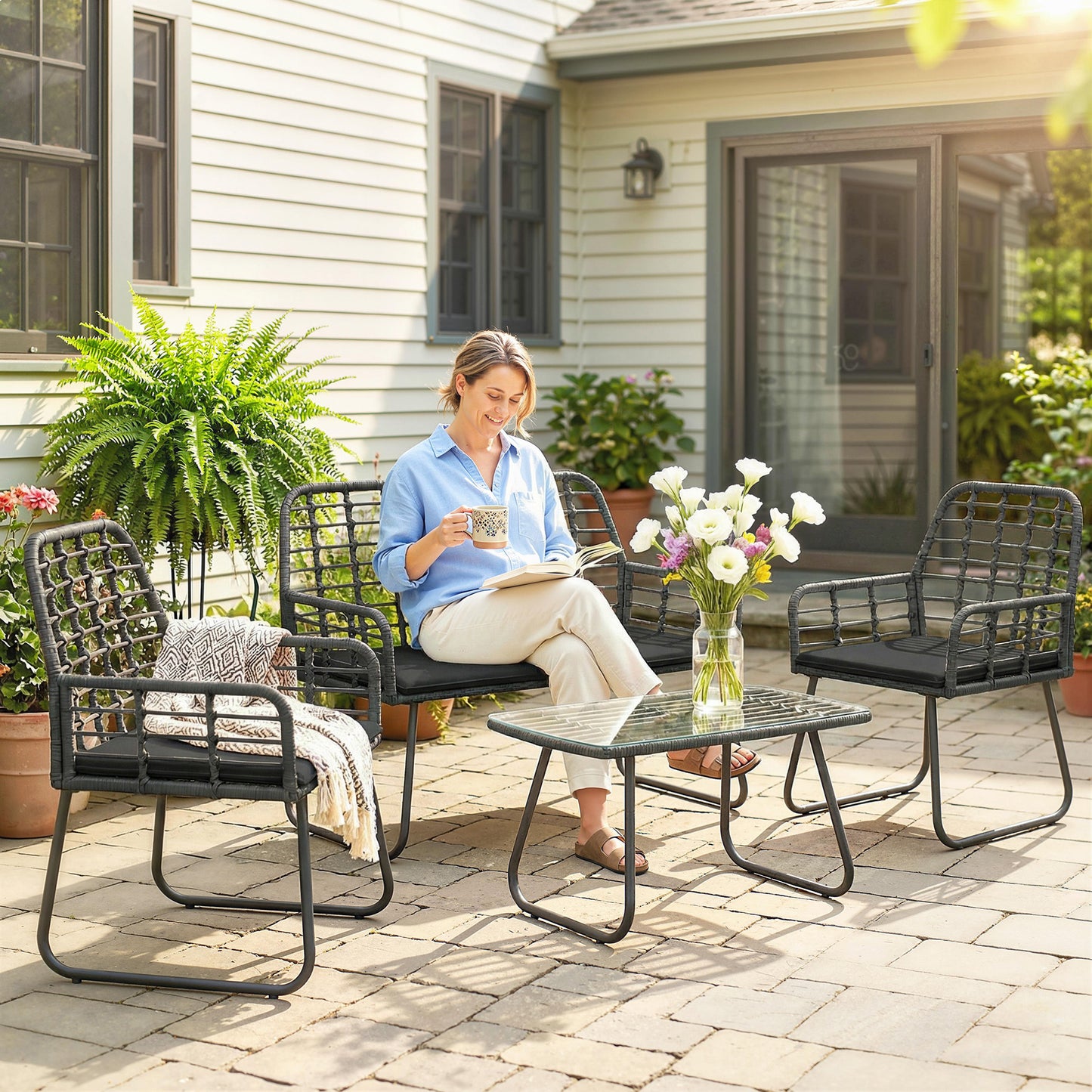 Tivoli 4 Piece Rattan Garden Furniture Set, Garden Furniture with Loveseat, Armchairs and Coffee Table