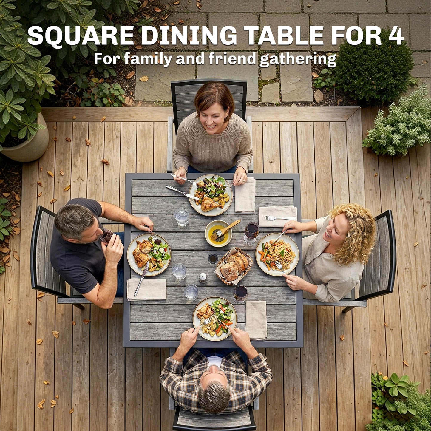 Outsunny Square Garden Dining Table with Parasol Hole, Slatted Top, Metal Frame, 86 x 86 x 71 cm, Light Grey