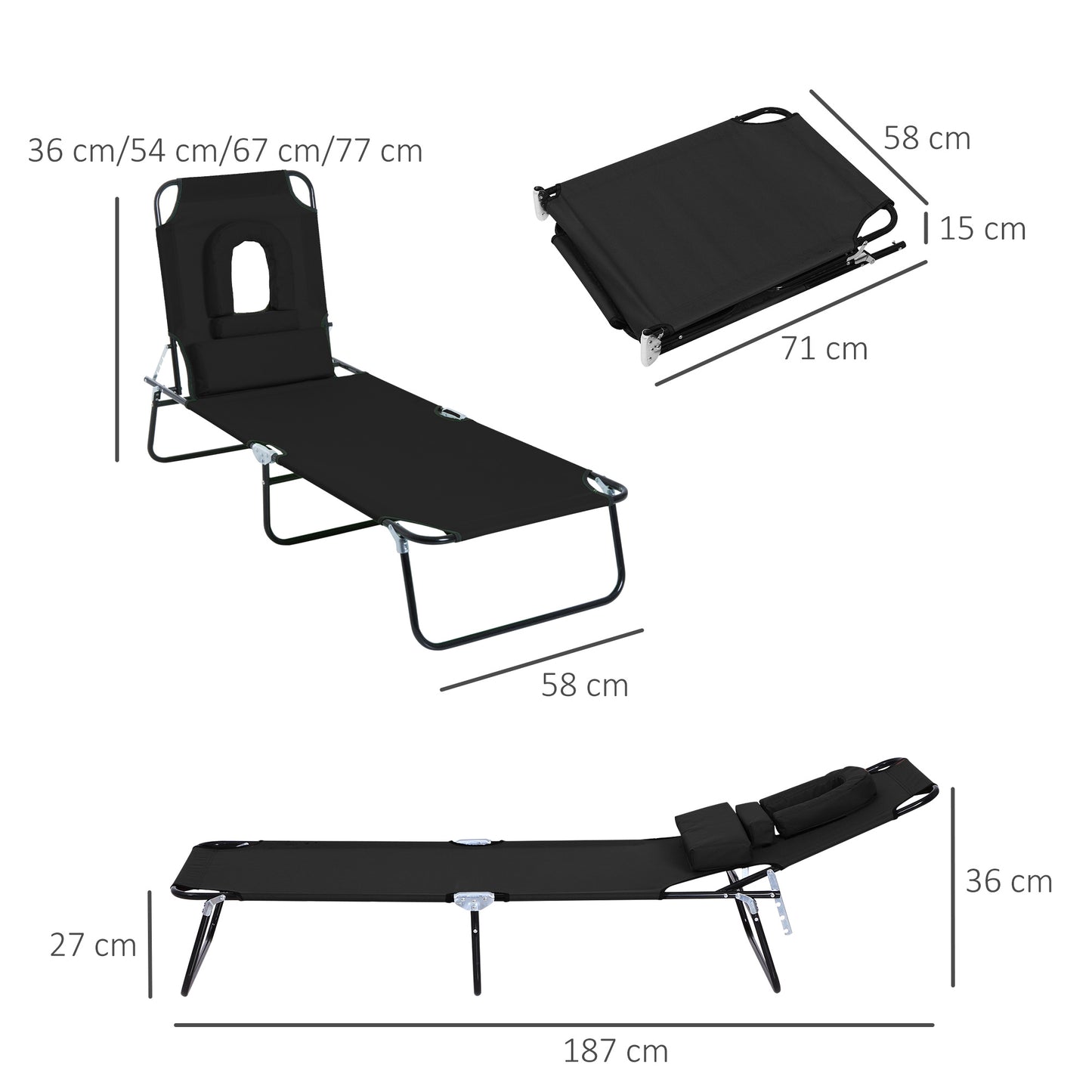 Outsunny Outdoor Folding Sun Lounger with Face Hole, 4 Level Adjustable Backrest Reclining Garden Lounger, Garden Recliner Sunbed with 600 D Oxford Cloth Seat and Pillow for Beach, Black
