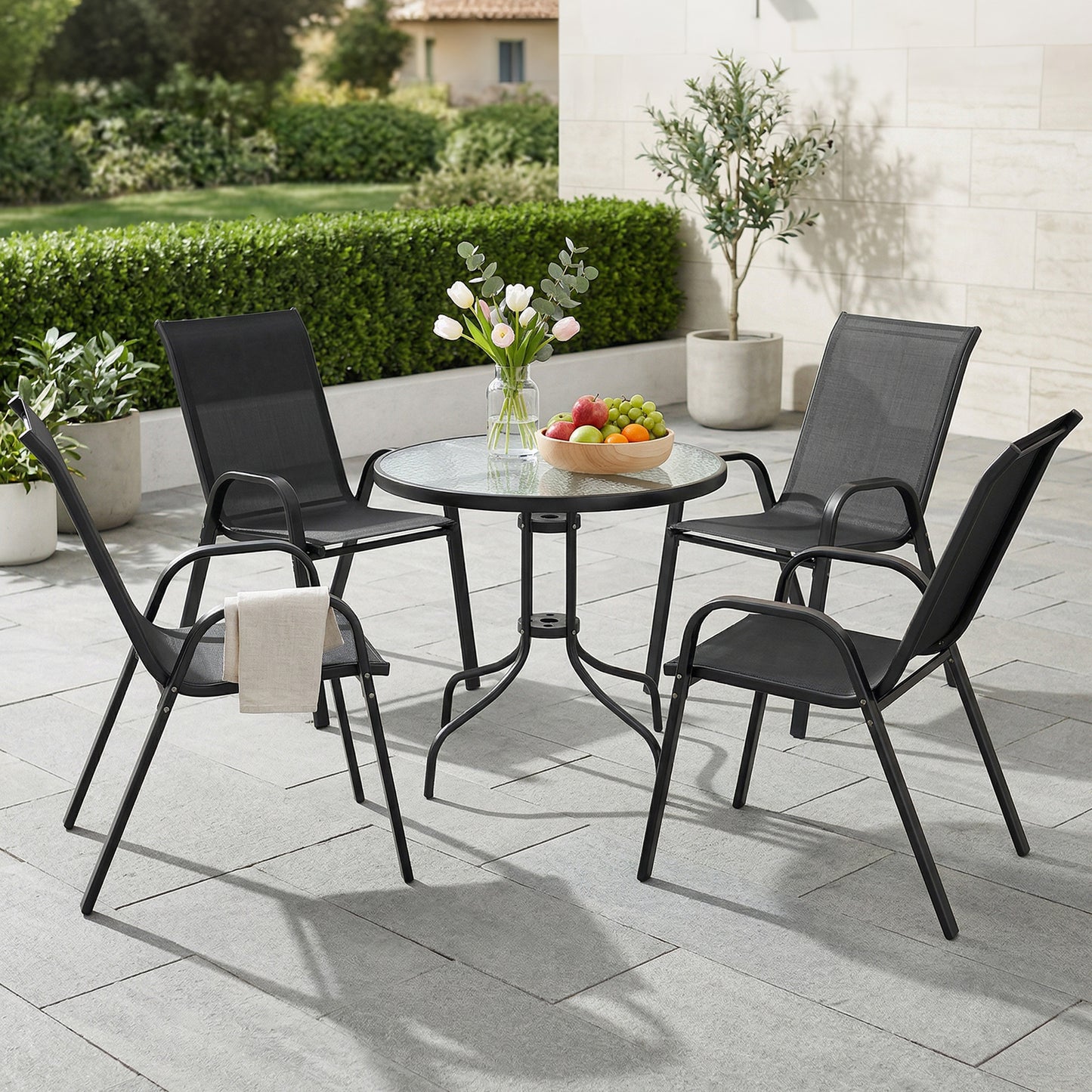 Ibiza Five-Piece Steel Patio Set, with Glass-Top Table - Black