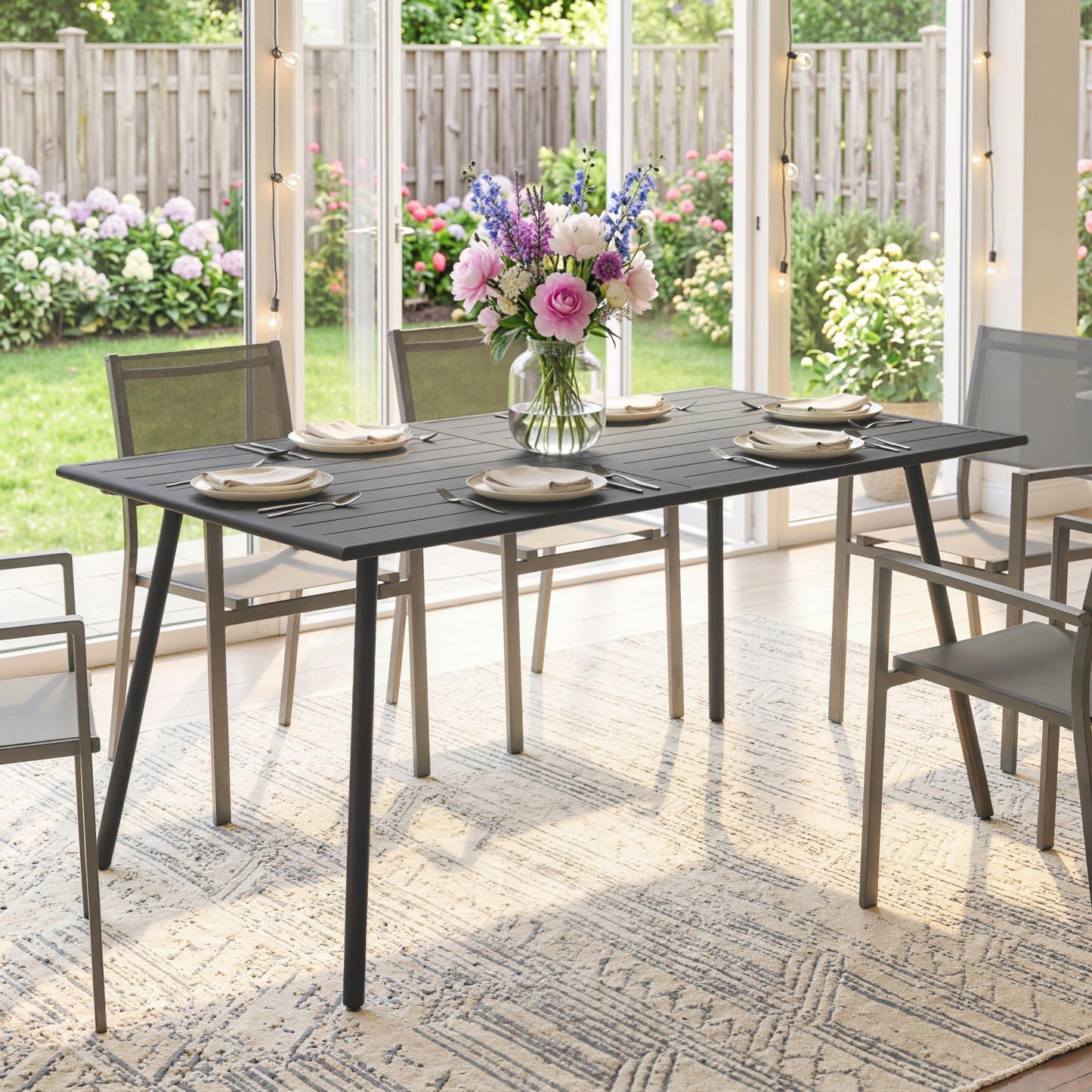 Outsunny Rectangle Garden Table with Slat Top, Steel Frame, Outdoor Table for 6 Person, 150 x 80 x 74 cm, Grey