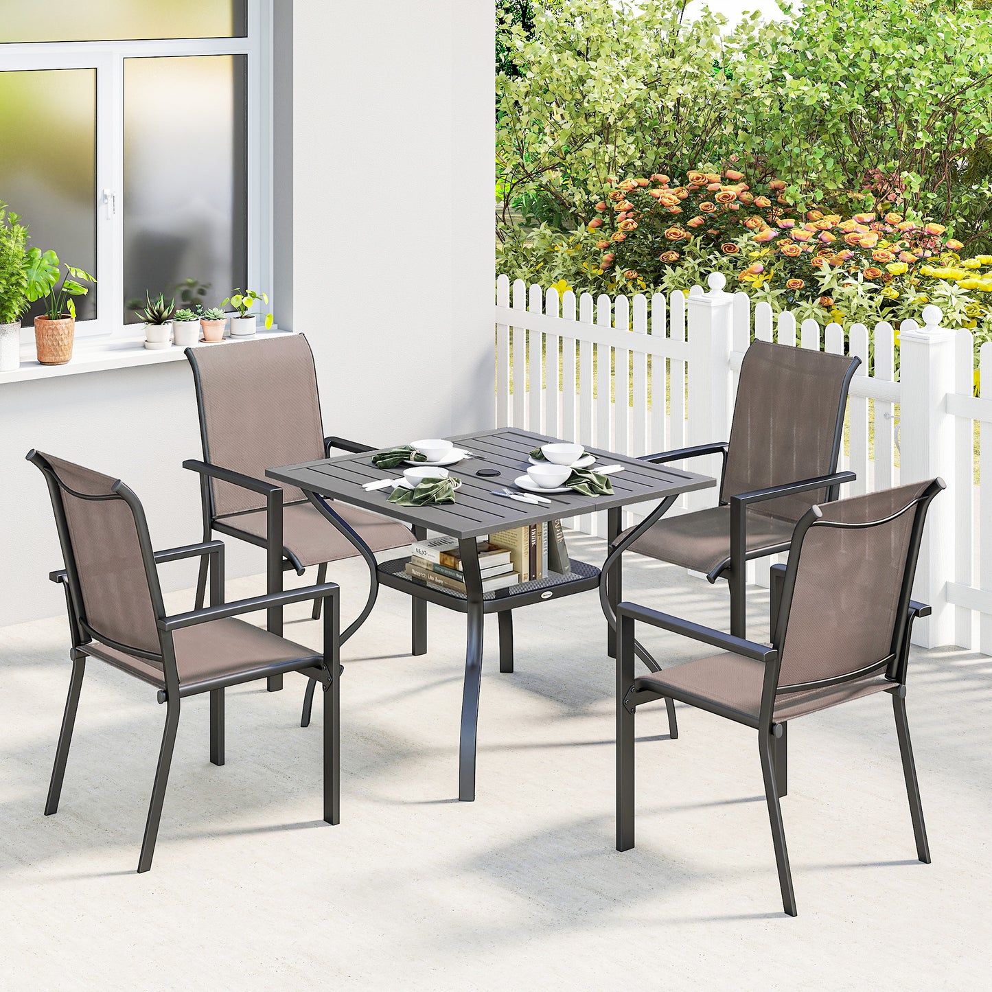 Riviera 5 Piece Garden Dining Set for 4, Garden Table and Stackable Chairs with Breathable Mesh Seat