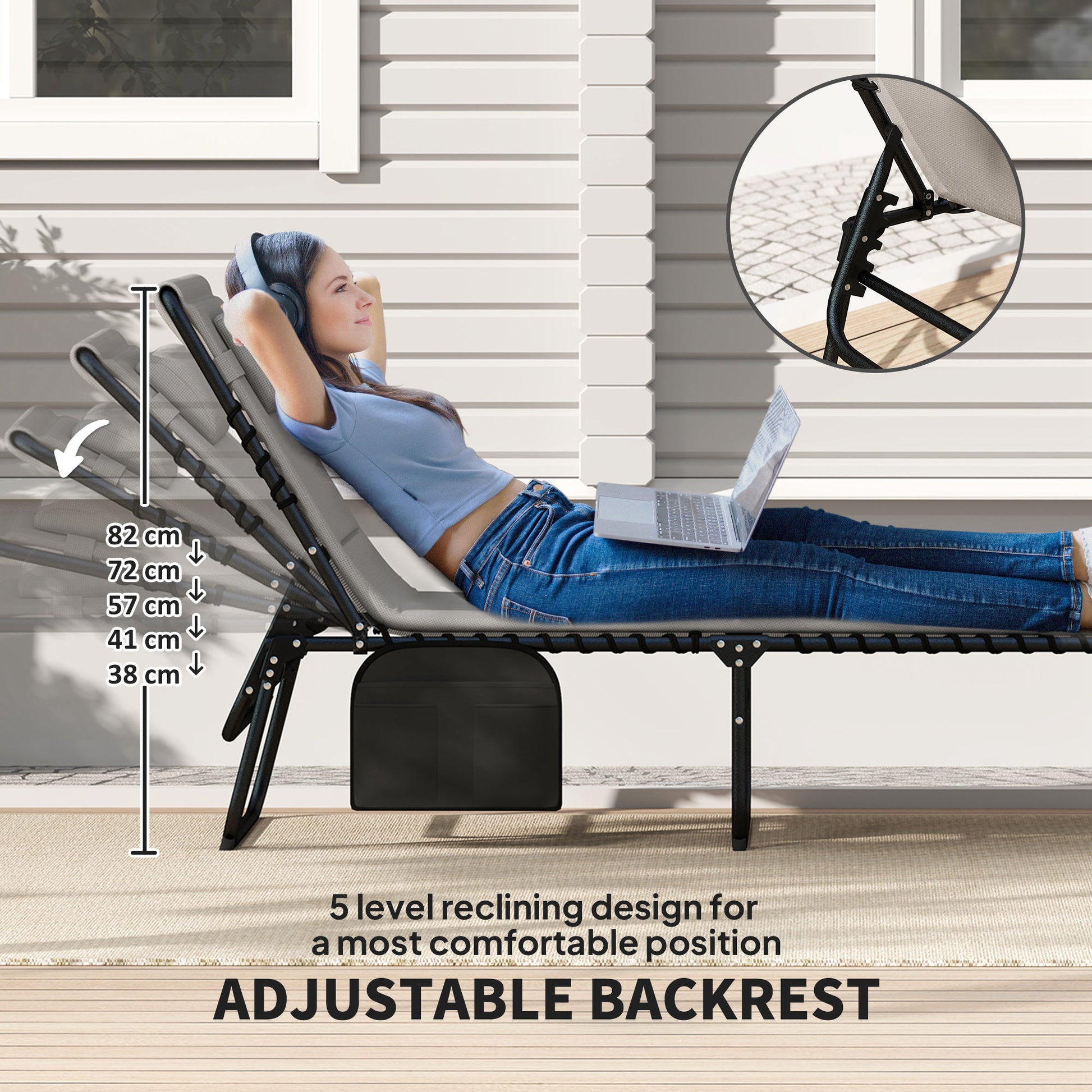 Outsunny Set of Two Reclining Sun Loungers - Light Grey