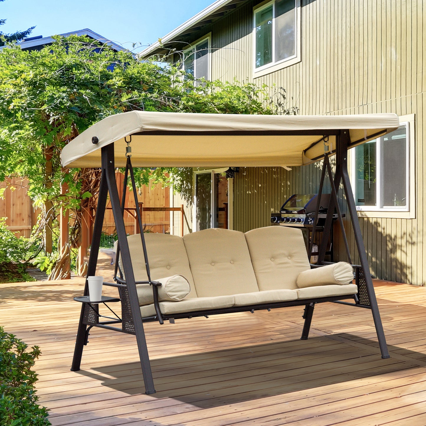 Sorrento Swing Chair Hammock Chair 3 Seater Canopy Cushion Shelter Garden Bench Steel Beige
