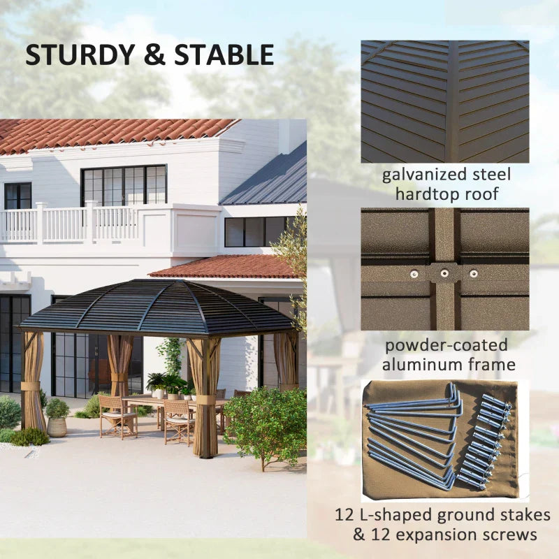 3m x 4m Brown Hardtop Garden Gazebo with Aluminium Frame, Steel Roof, Privacy Curtains & Mosquito Netting – Premium Outdoor Pavilion Shelter