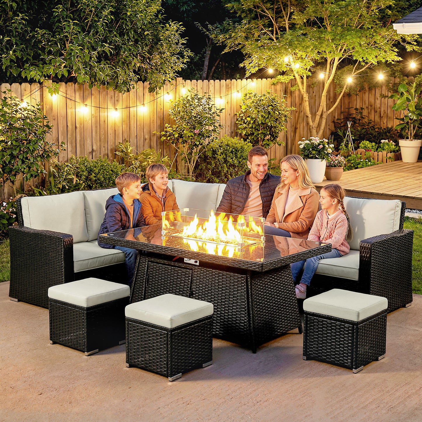 Outsunny 7 Pieces PE Rattan Garden Furniture Set, 50,000 BTU Gas Fire Pit Table, Black