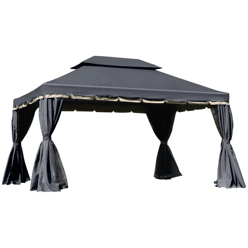 Black 3m x 4m Aluminium Gazebo – Outdoor Garden Pavilion with Double Tier Roof, Curtains and Insect Netting
