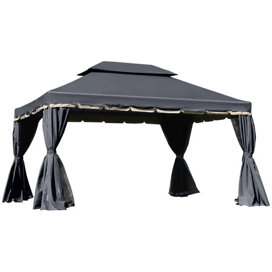 Black 3m x 4m Aluminium Gazebo – Outdoor Garden Pavilion with Double Tier Roof, Curtains and Insect Netting