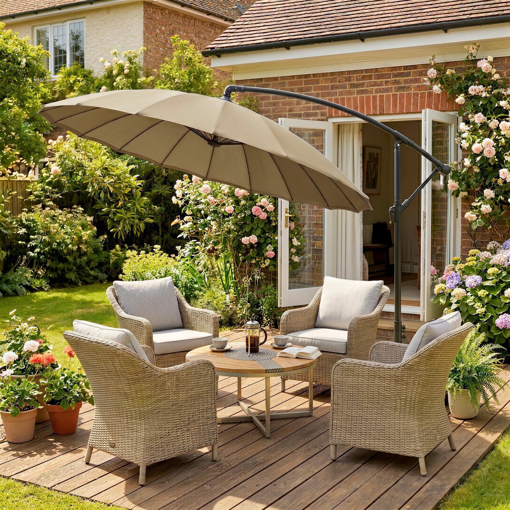 Outsunny 3(m) Cantilever Umbrella 18 Ribs & Vents Adjustable Angle for Patio Khaki