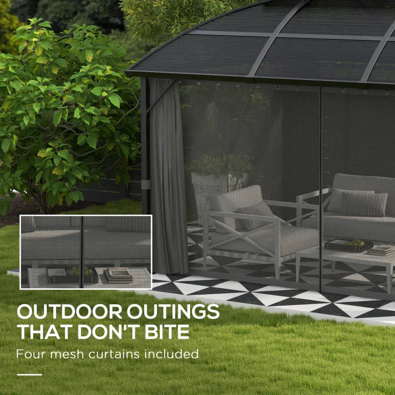 4m x 3m Aluminium Hardtop Gazebo with Polycarbonate Roof, Privacy Curtains & Mesh Sidewalls – Black & Grey