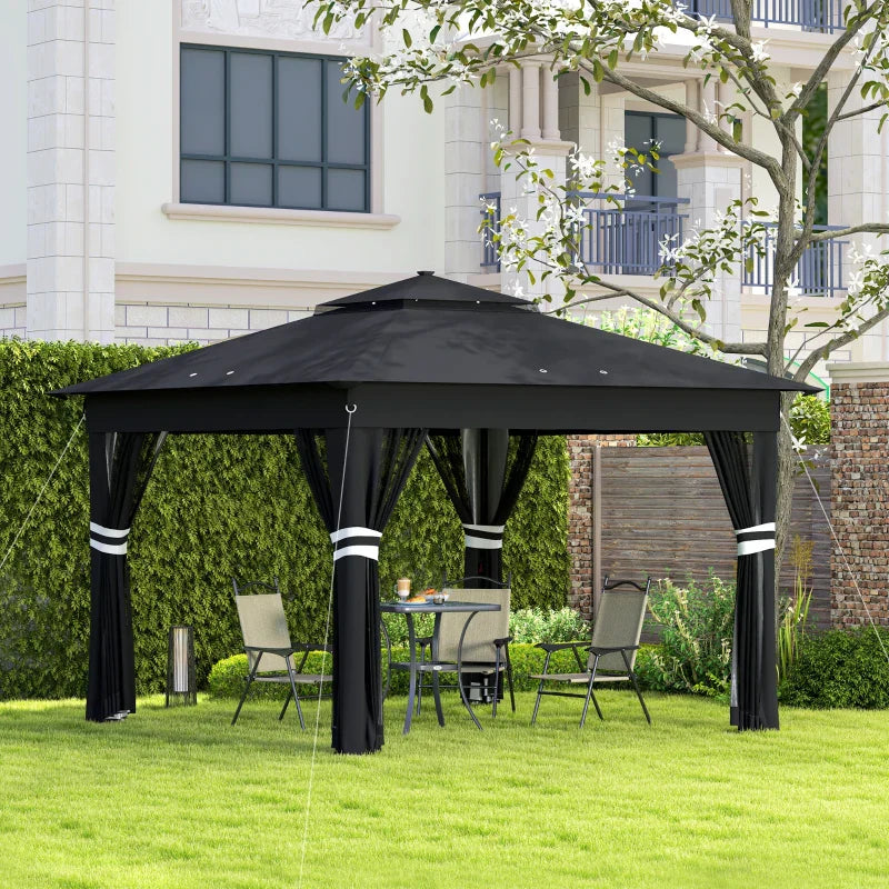 3m x 3m Pop Up Gazebo with Solar LED Lights - Black Outdoor Party Tent with Adjustable Height & Insect Netting