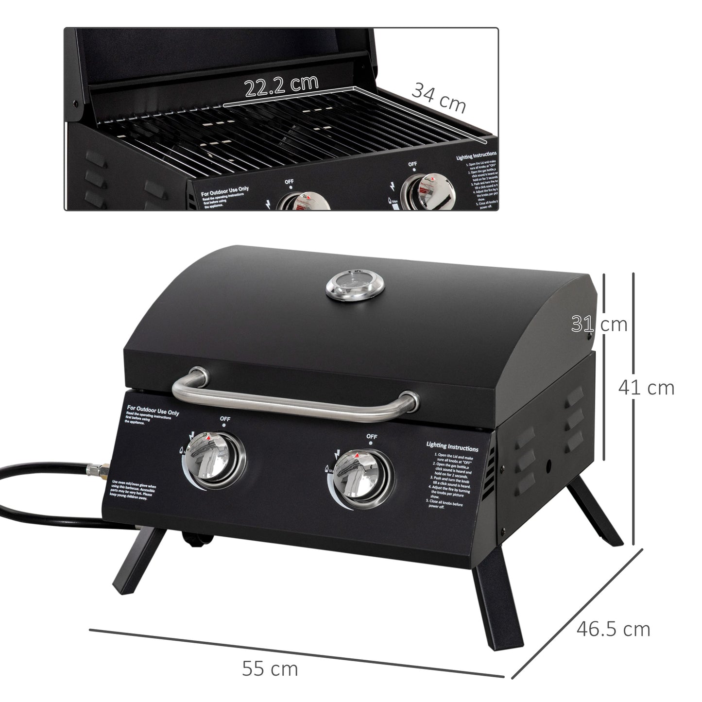 Outsunny 2 Burner Gas BBQ Grill, 5.8 kW Outdoor Portable Folding Tabletop Barbecue w/ Lid, Thermometer, Carbon Steel, Black