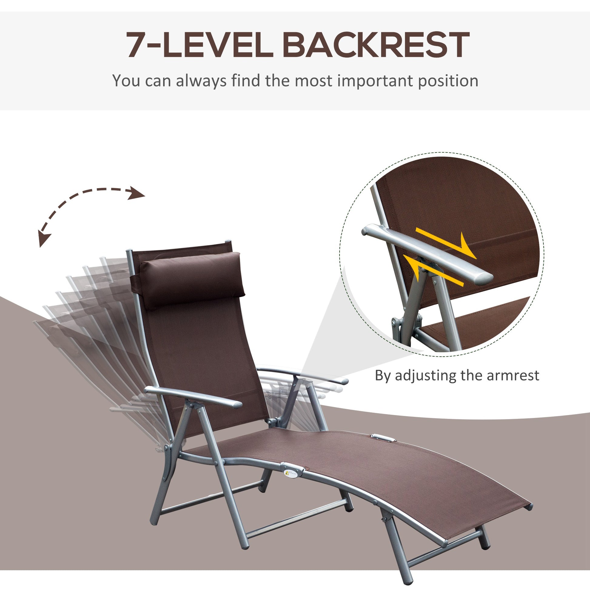 Outsunny Sun Lounger Steel Frame Outdoor Folding Chaise Texteline Lounge Chair Recliner with Headrest & 7 Levels Adjustable Backrest, Brown
