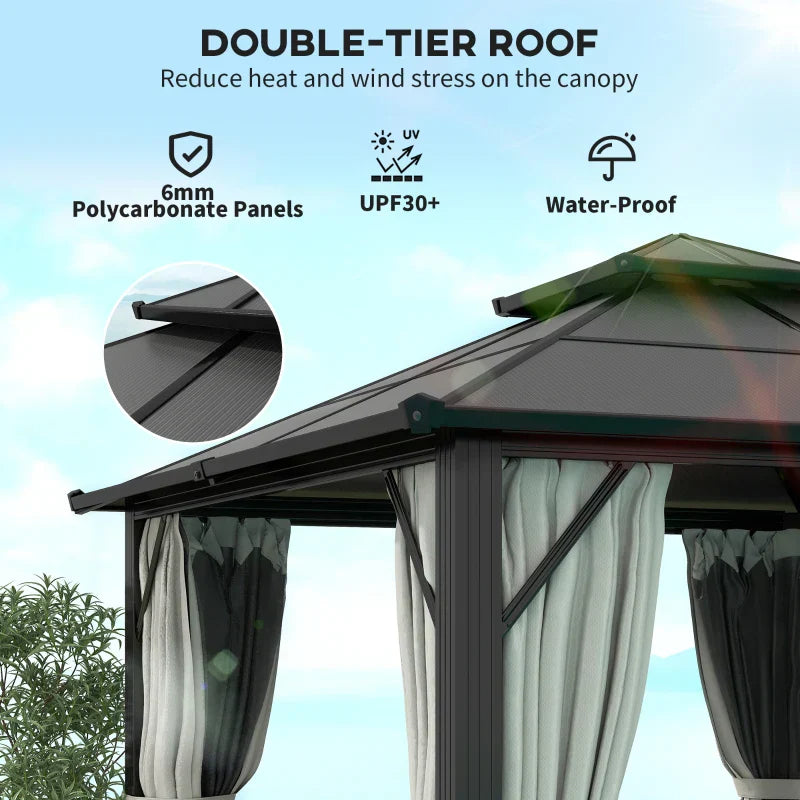 Grey 3m x 3m Permanent Hardtop Gazebo with UPF30+ Polycarbonate Roof, Aluminium Frame, Curtains & Mosquito Netting