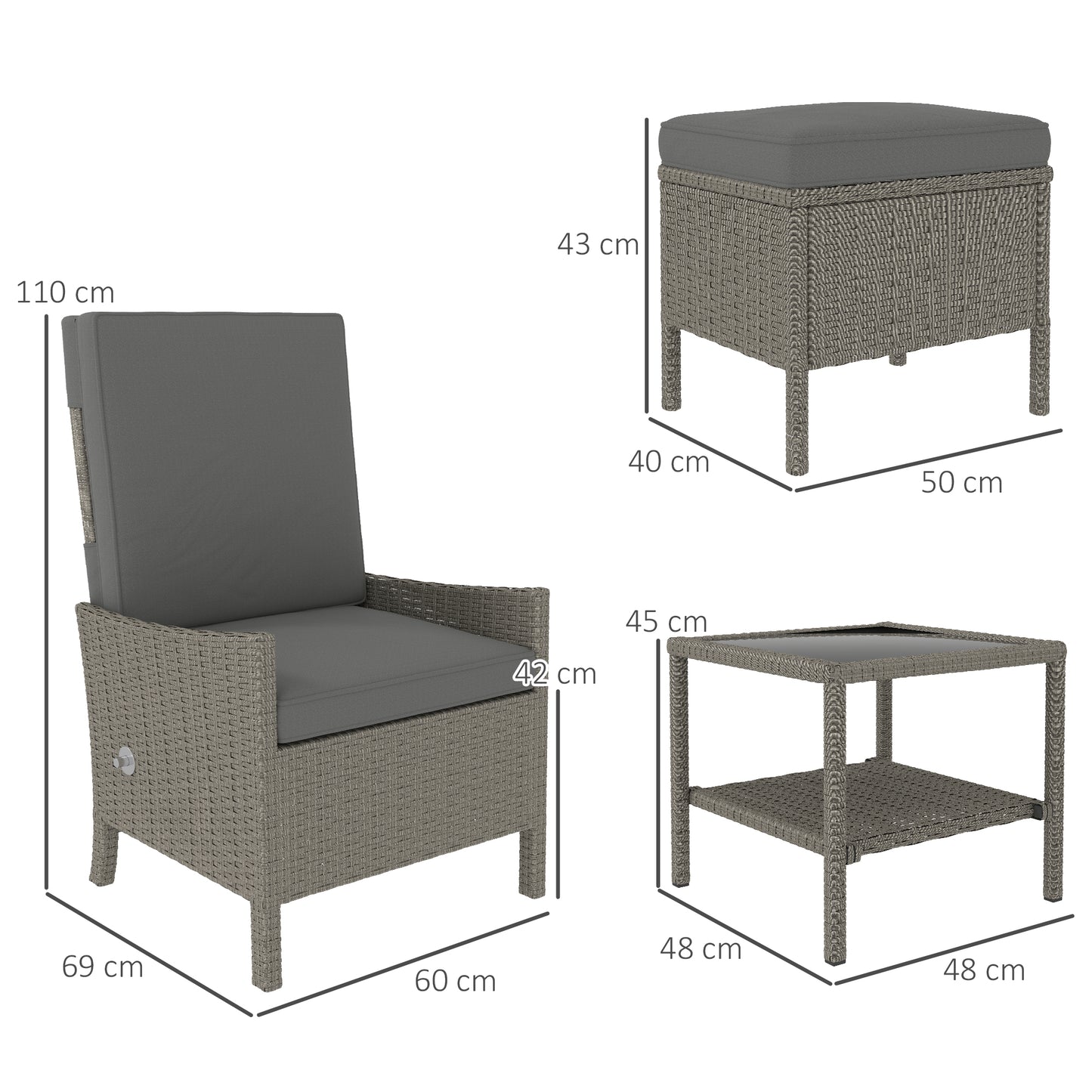 Outsunny 5 Piece Rattan Garden Furniture Set, Wicker Patio Sofa Set with 2 Armchairs, 2 Footstools, Glass Top Coffee Table with Shelf, Outdoor Furniture with Adjustable Backrests, Cushions, Dark Grey