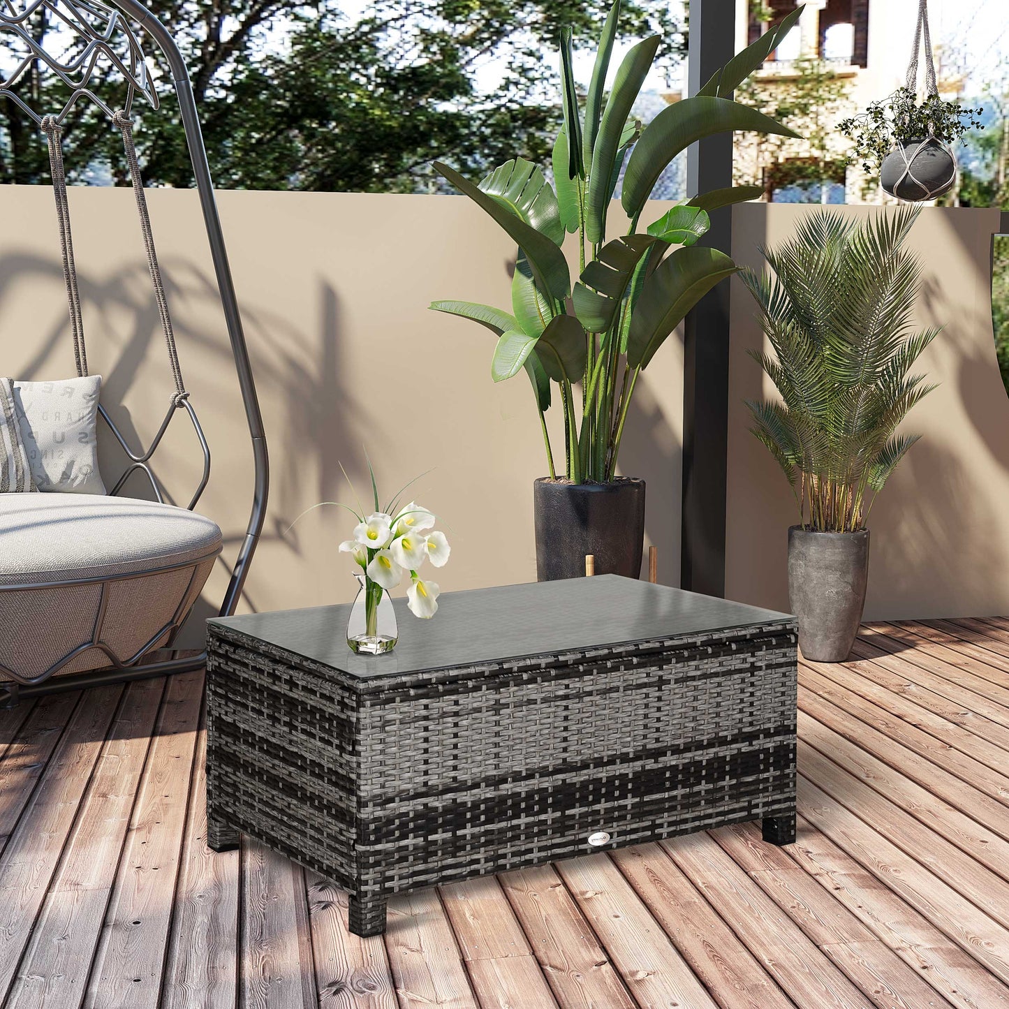 Tivoli PE Rattan Garden Coffee Table, with Glass Table Top - Grey