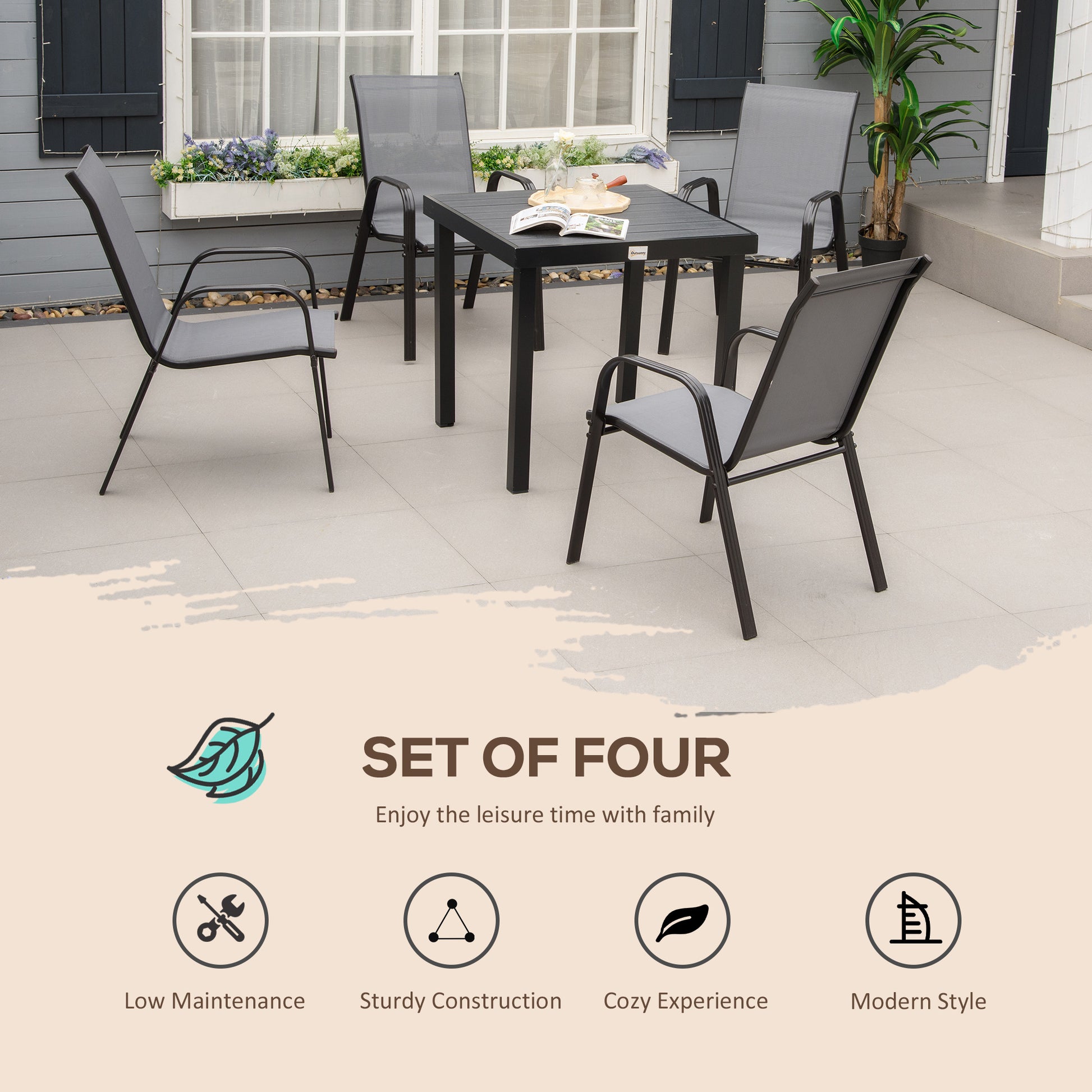 Outsunny Set of Four Stackable Mesh Seat Chairs - Dark Grey
