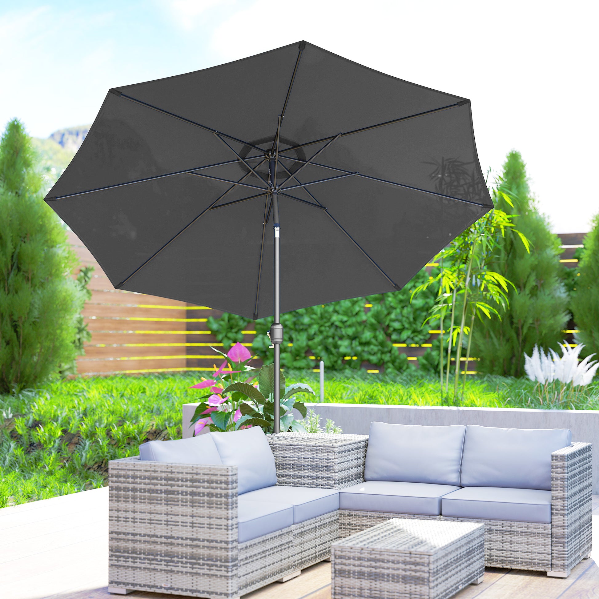 Outsunny 3(m) Tilting Parasol Garden Umbrellas, Outdoor Sun Shade with 8 Ribs, Tilt and Crank Handle for Balcony, Bench, Garden, Dark Grey