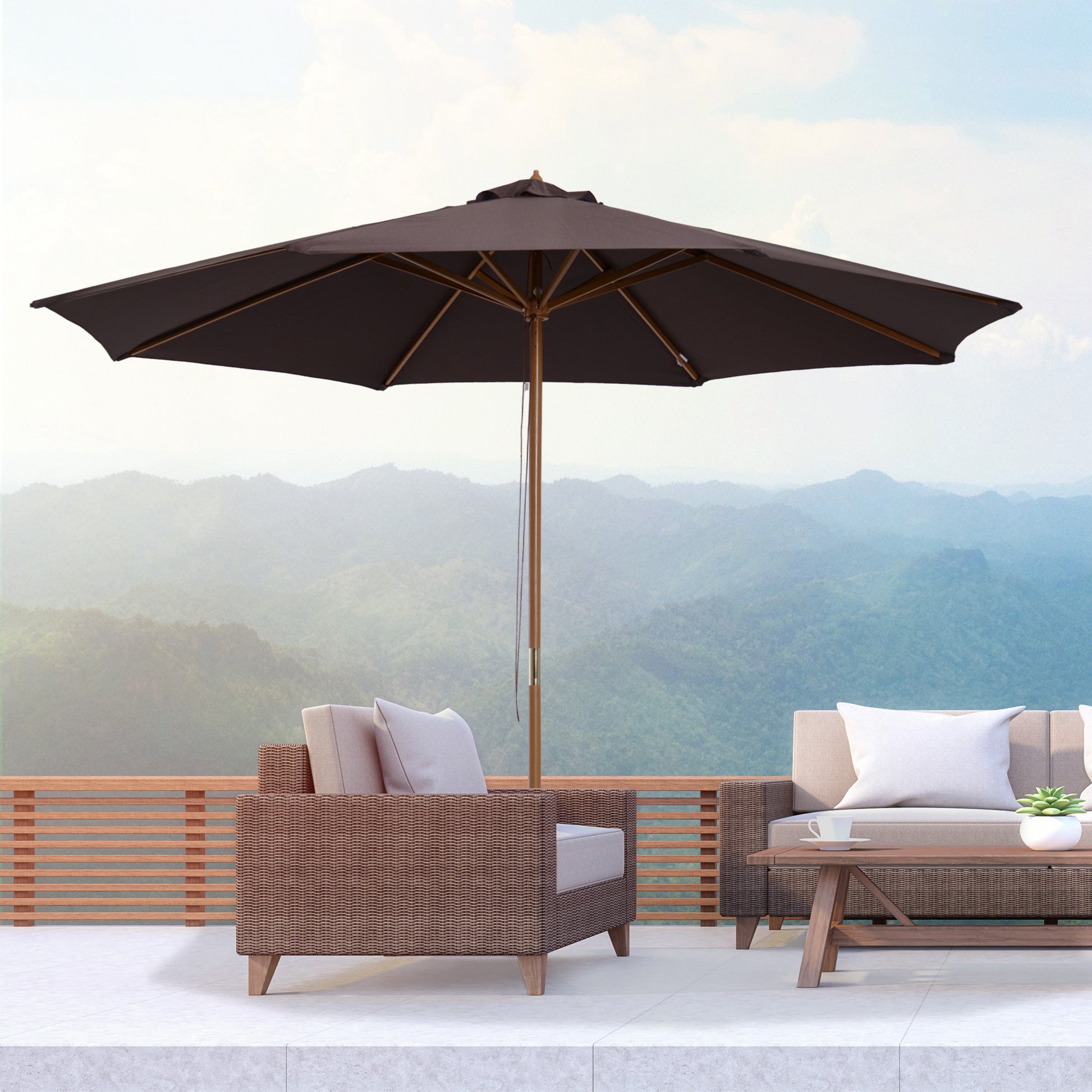 3(m) Garden Parasol, Pulley Operated Patio Umbrella, Wooden Parasol
