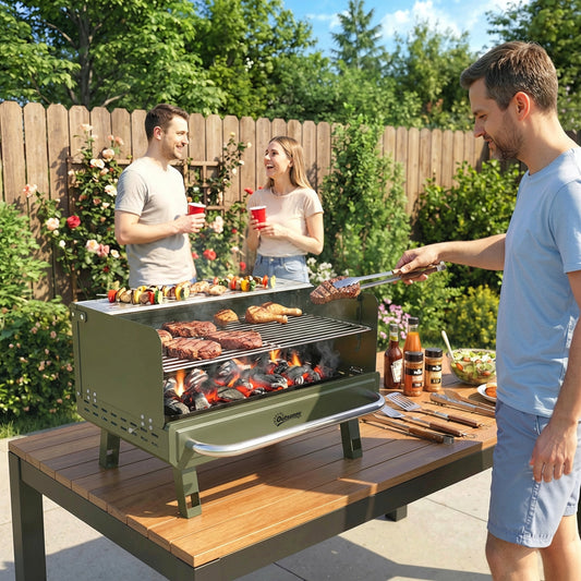 Portable BBQ, Charcoal Barbecue Grill with Adjustable Grates, Foldable Legs, Side Shelf for Camping Travel, Green
