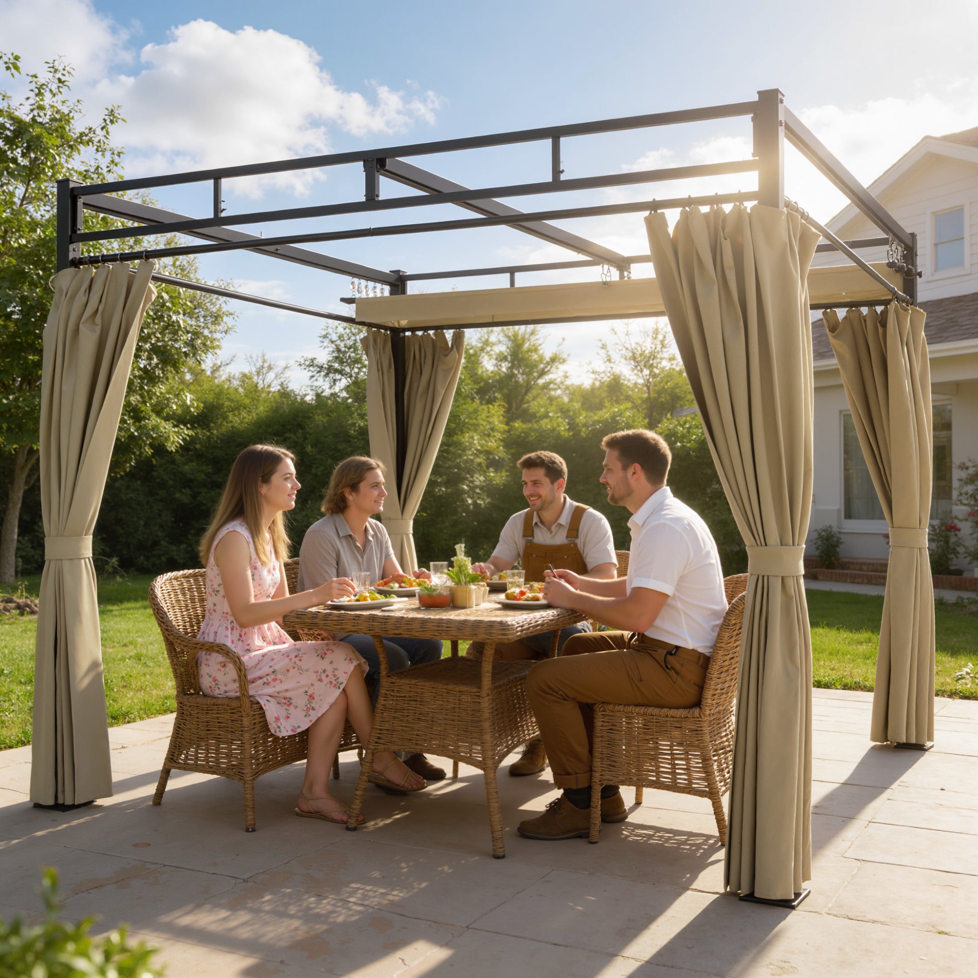 3 x 3 m Pergola with Retractable Roof Canopy and Curtains