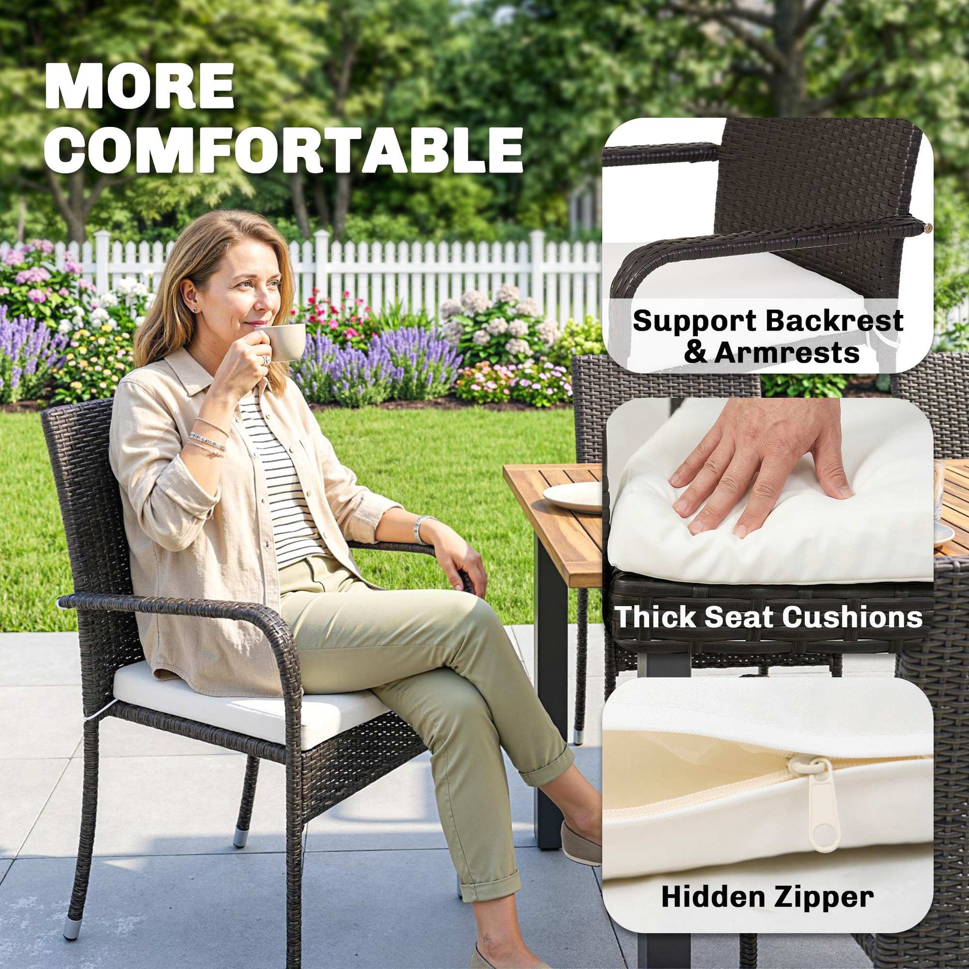 Outsunny 7 Piece Rattan Garden Furniture Set, 6 Seater Garden Table and 6 Stackable Chairs with Extendable Acacia Wood Tabletop