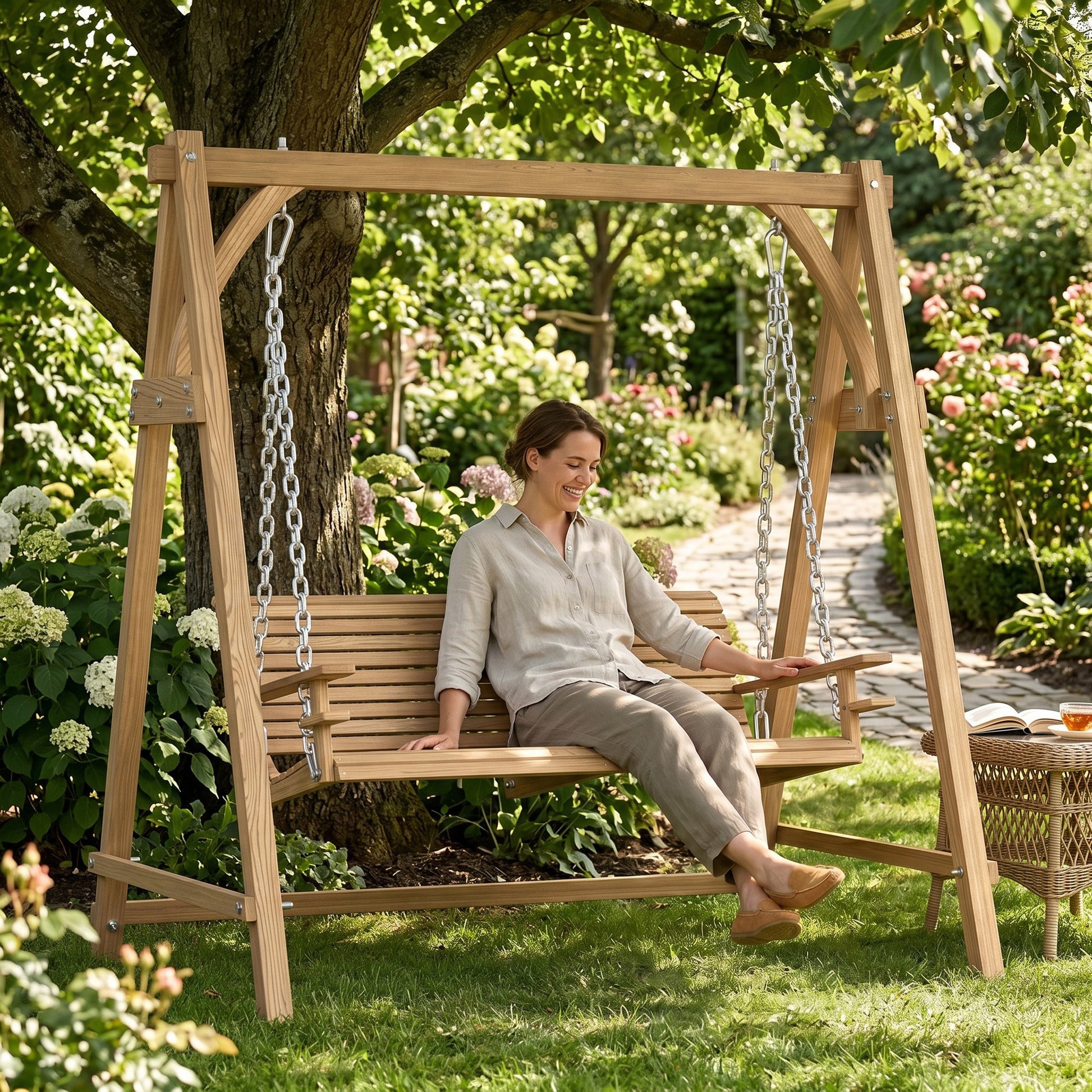 Outsunny 2 Seater Garden Swing Seat, Wooden Swing Chair Bench with Cup Holders for Outdoor Porch Patio, Natural