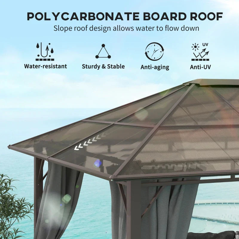 Dark Grey 3m x 3.6m Hardtop Gazebo – Polycarbonate Roof Garden Pavilion with Removable Privacy Curtains