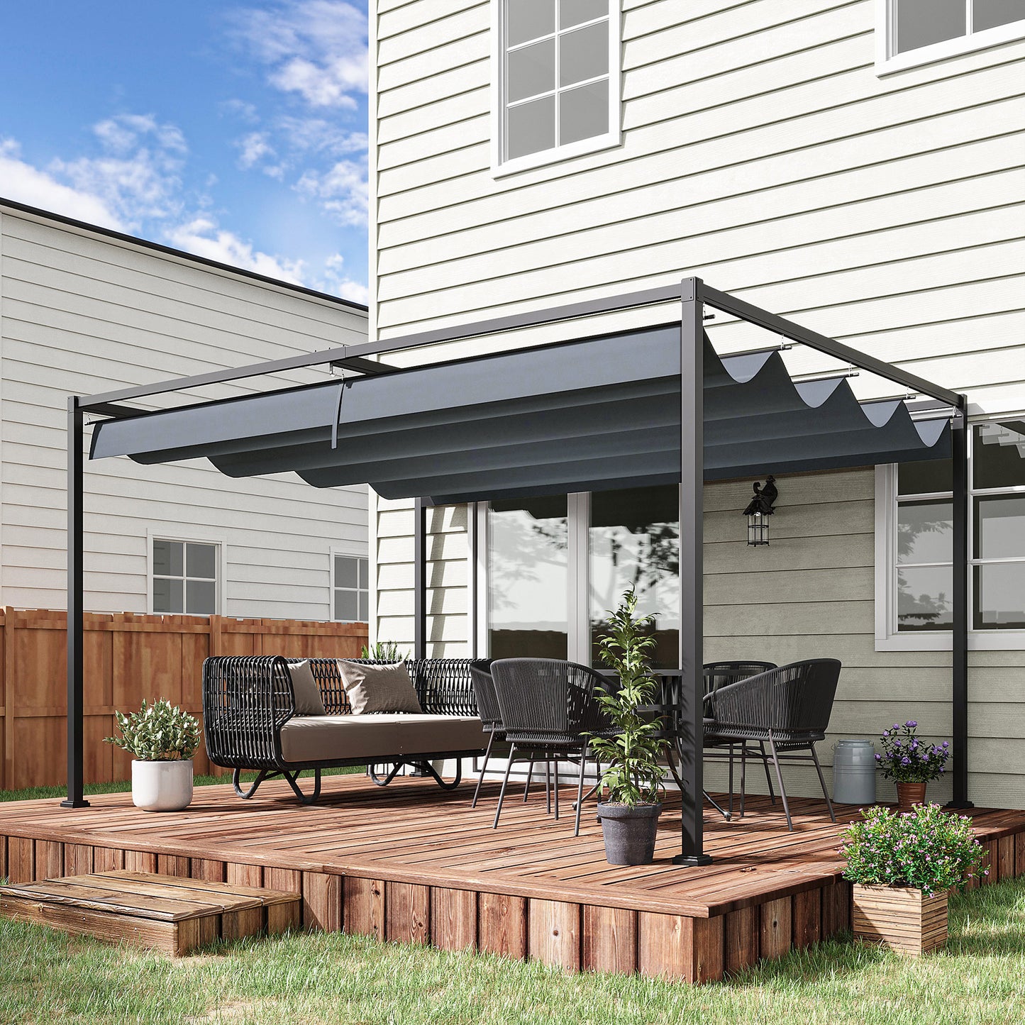 4 x 3(m) Metal Outdoor Pergola with Retractable Roof, Outdoor Gazebo with Drainage Holes for Garden, Patio