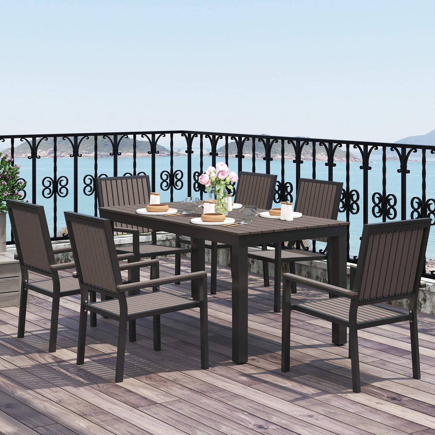 6 Seater Garden Dining Set with Stackable Chairs, Aluminium Frame, Rectangular Plastic Top, Garden Furniture Set, Garden Dining Table and Chairs
