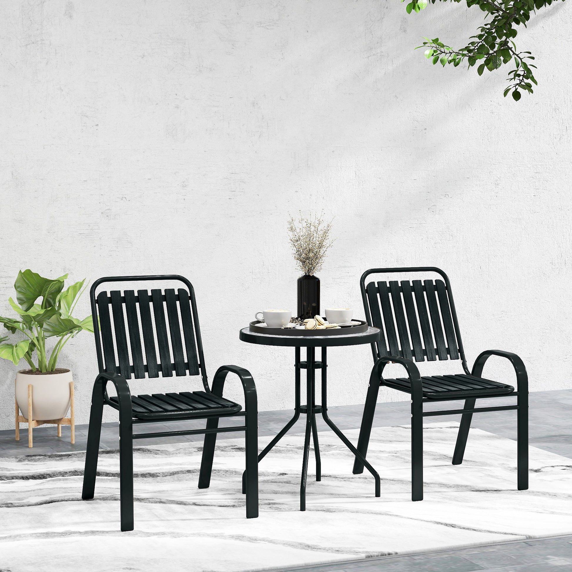 Outsunny 3 Pieces Patio Bistro Set with Stackable Chairs, Tempered Glass Table, for Outdoor, Balcony, Patio, Garden Charcoal Grey