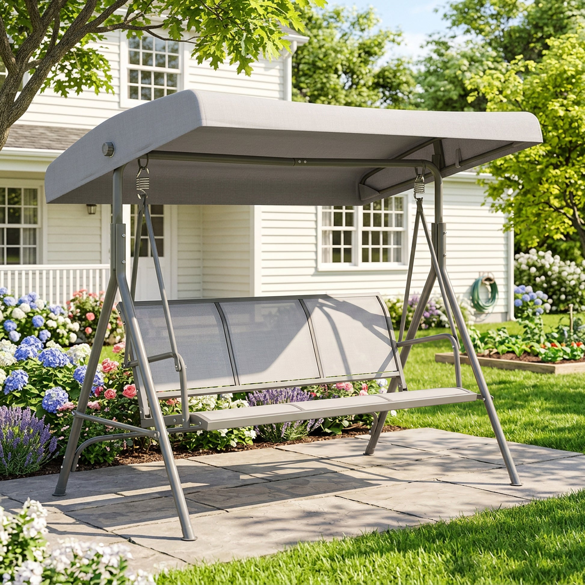 Outsunny 3 Seater Swing Chair, Garden Swing Bench with Adjustable Tilting Canopy, Breathable Mesh Seat and Heavy Duty Steel Frame for Patio, Garden, Grey