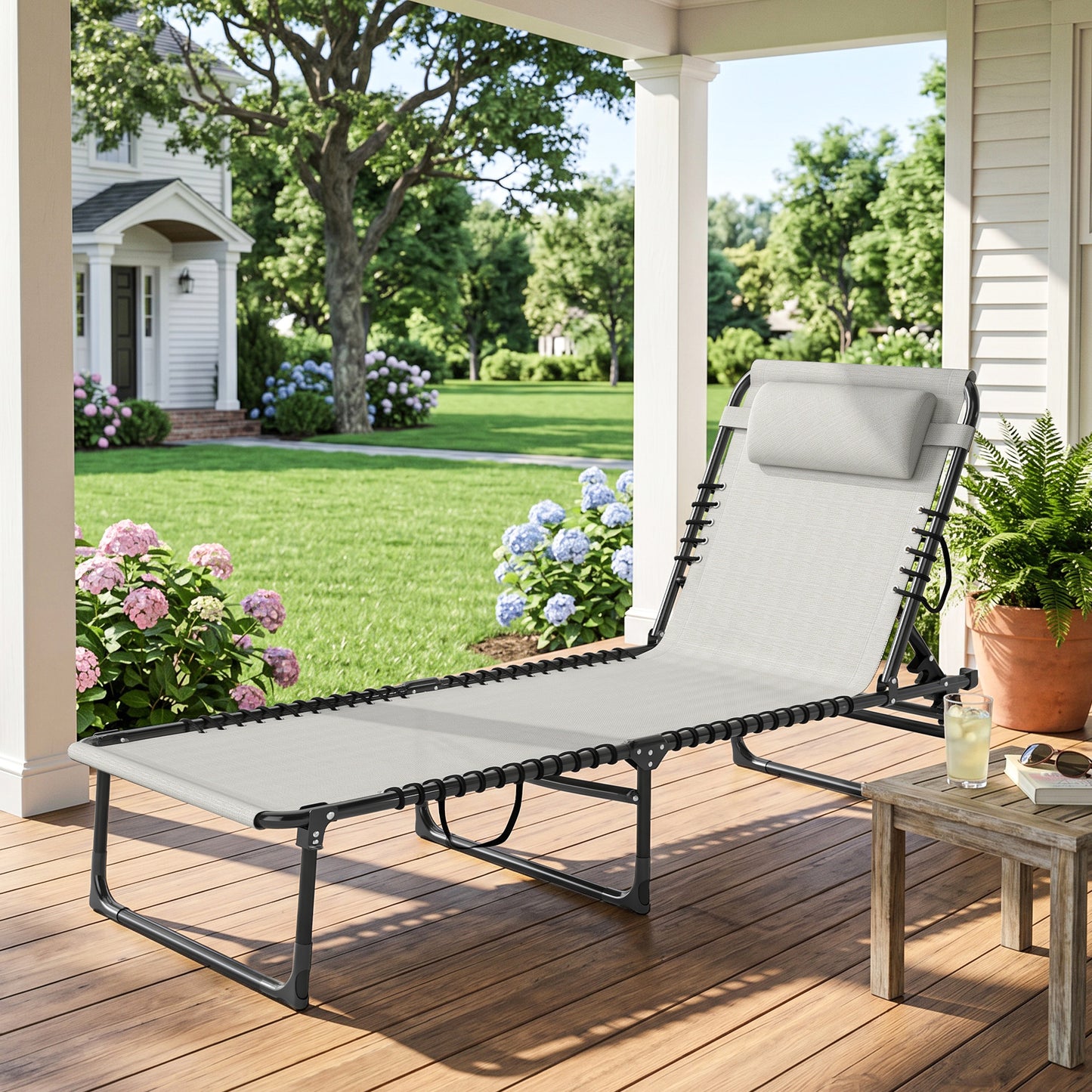 Foldable Sun Lounger, Outdoor 4 Level Adjustable Backrest Reclining Chaise Chair, Steel Frame Recliner Chair for Camping, Hiking, Cream White