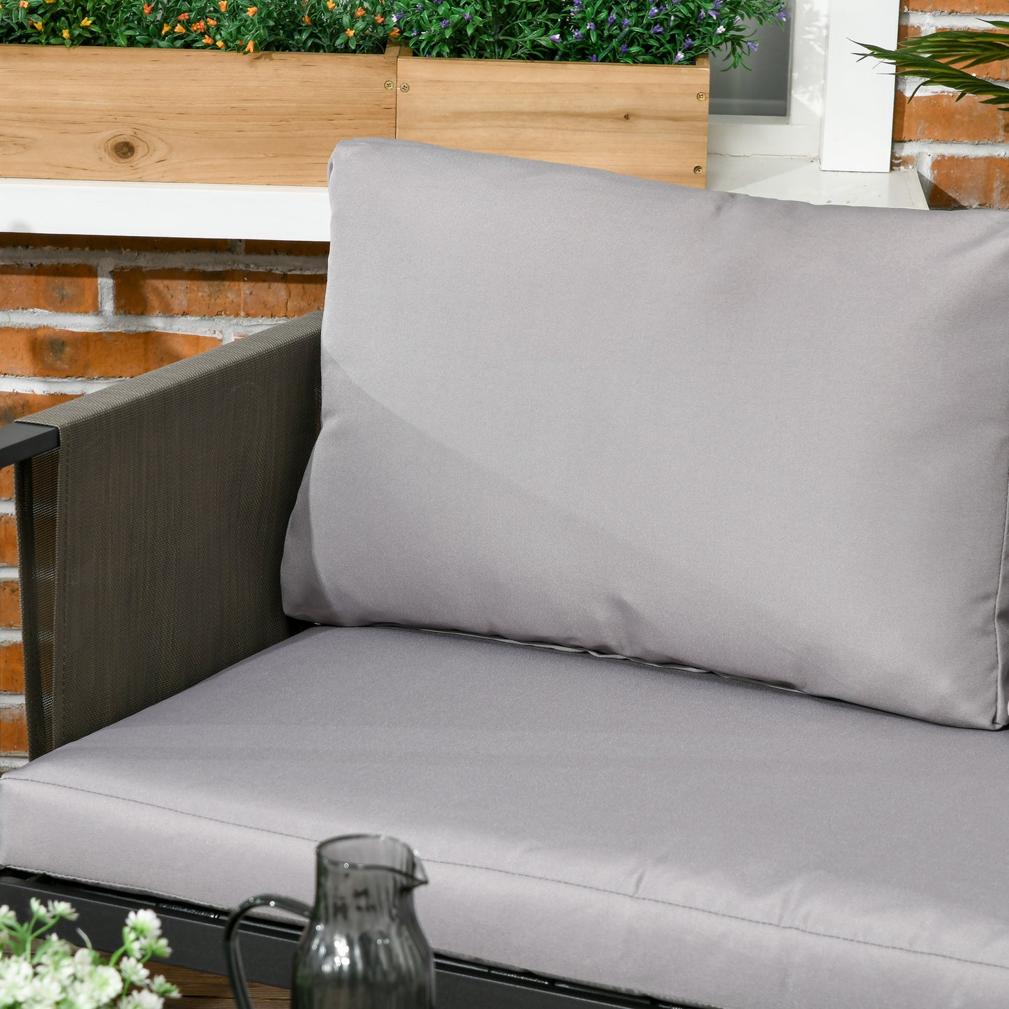 Outsunny 4 Piece Metal Garden Furniture Set with Tempered Glass Coffee Table, Texteline Pocket, Light Grey